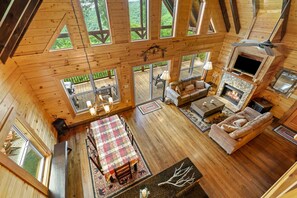 Flat-screen TV, fireplace, foosball
