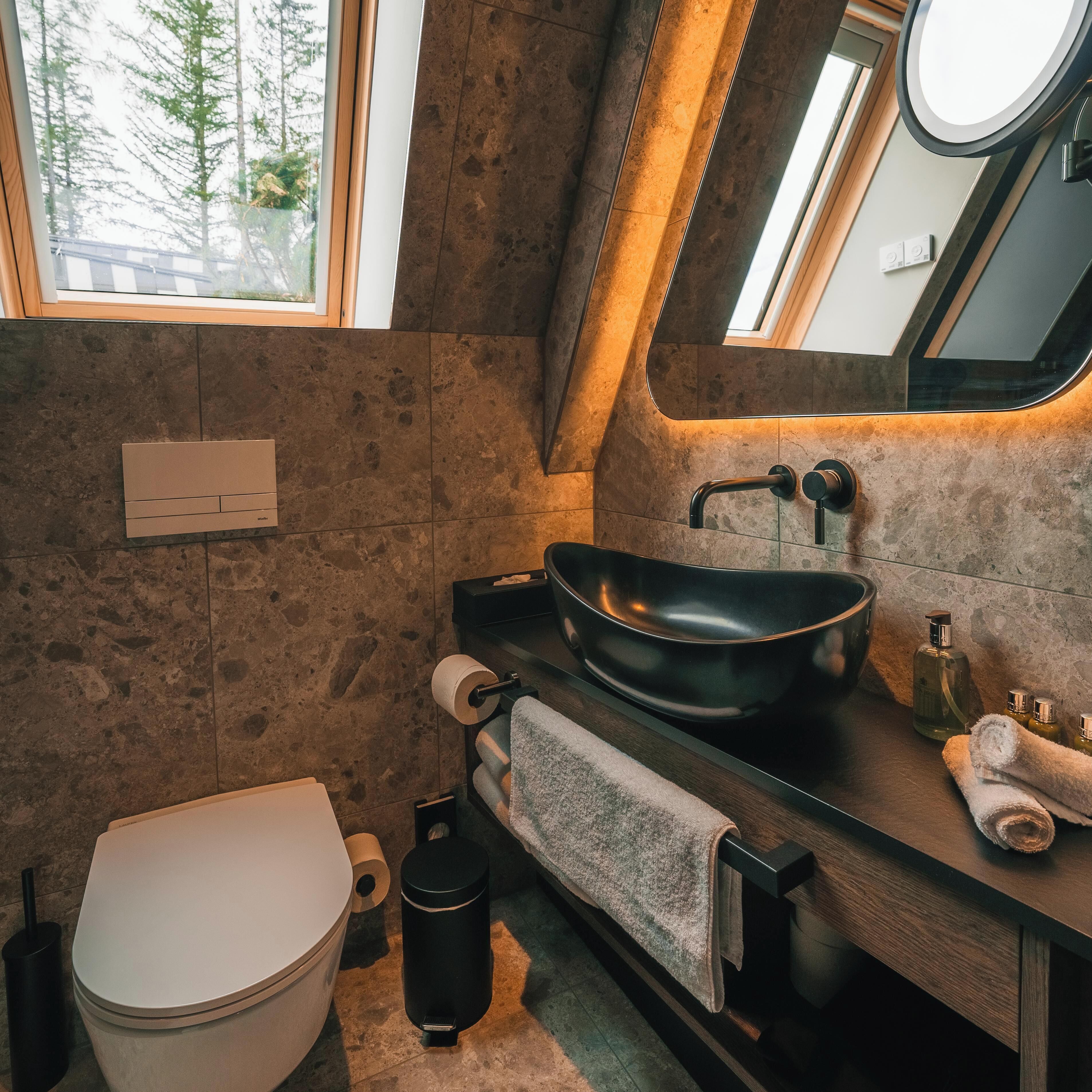 A modern bathroom with a large window, a black vessel sink, a toilet, and a towel rack.