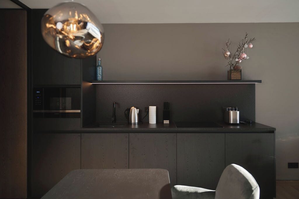 A modern kitchen with dark cabinetry, a hanging light fixture, and a small decorative plant on the counter.