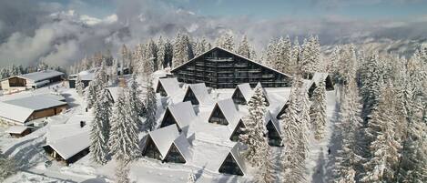 A modern ski resort with multiple cabins, snow-covered trees, and a mountainous backdrop.