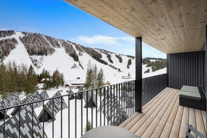 Un balcone con vista su un paesaggio montano innevato, pavimento in legno e ringhiera nera.