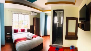 Une chambre d’hôtel avec un lit, une télévision, une douche et une vue sur l’extérieur.