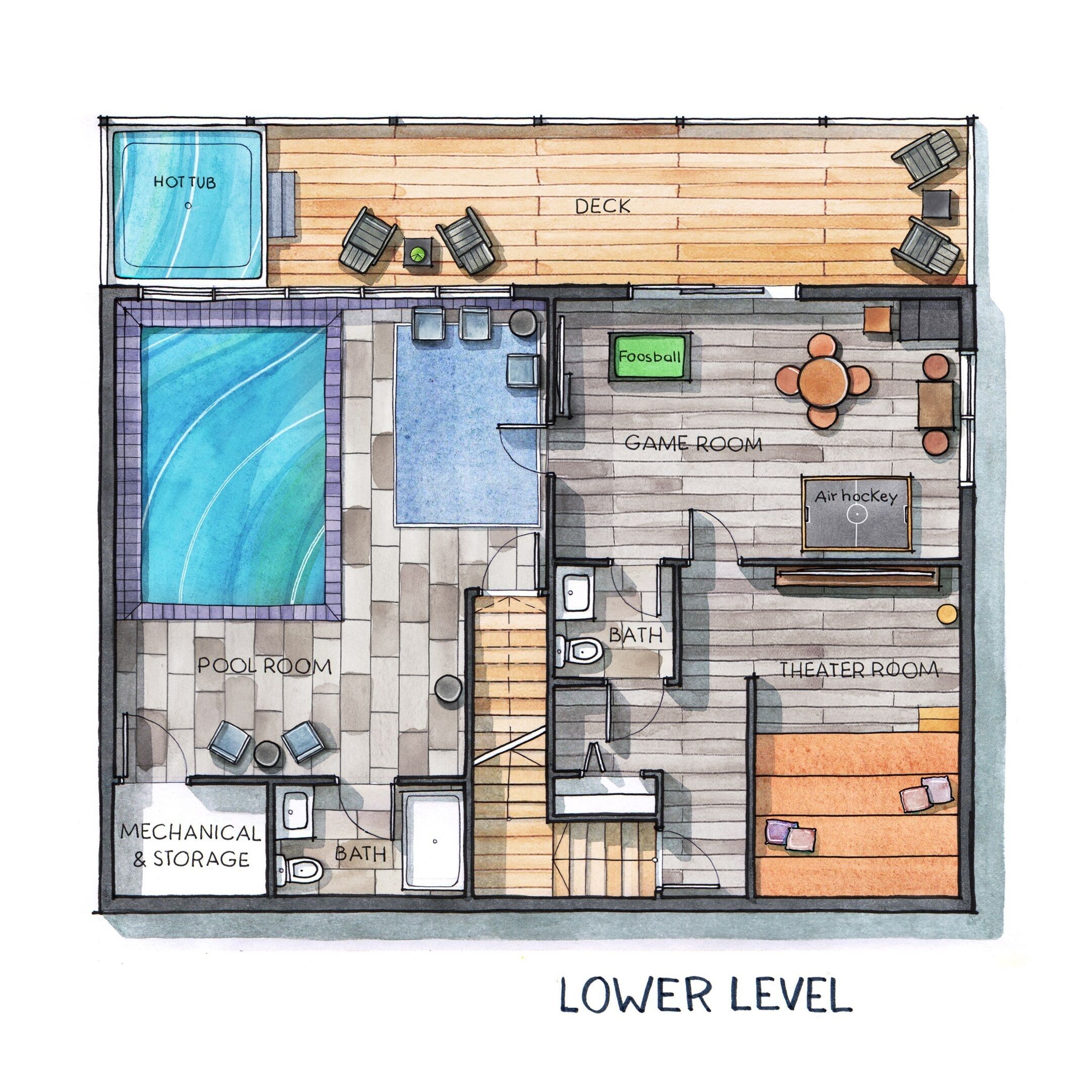 A lower level floor plan of a hotel with a pool room, mechanical & storage, a game room, a theater room, a bath, and a hot tub.