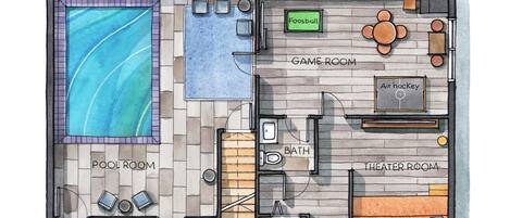 A lower level floor plan of a hotel with a pool room, mechanical & storage, a game room, a theater room, a bath, and a hot tub.