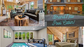 A cabin with a pool, a living room with a fireplace, and a bedroom with a large bed. - Luxe Cabin|Indoor Pool~Game & Theater Rooms! (Sevierville)