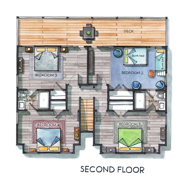 A second-floor layout with three bedrooms, two bathrooms, a deck, and a bunk bed. - Luxe Cabin|Indoor Pool~Game & Theater Rooms! (Sevierville)