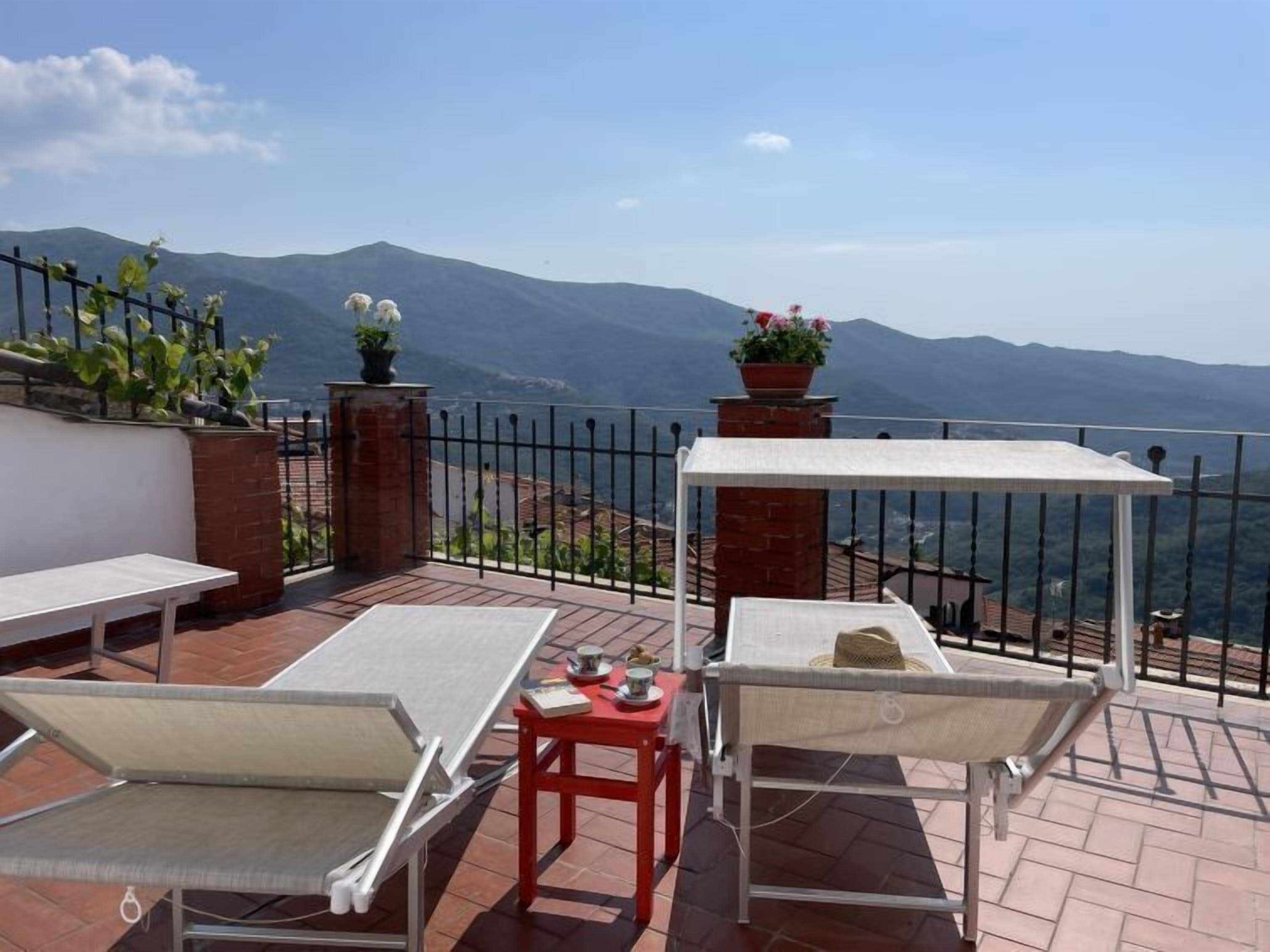 A terrace with two sun loungers, a small table, and a potted plant.