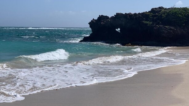 A beach with clear blue water, waves, and a rocky outcrop. - Les plages de Macabou (Le Vauclin)