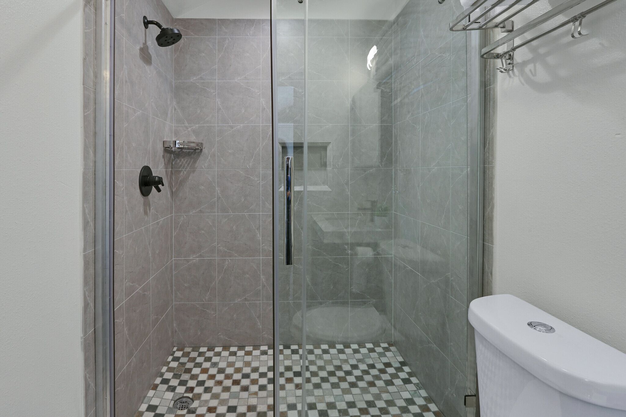 A bathroom with a glass-enclosed shower, a toilet, and a checkered floor.