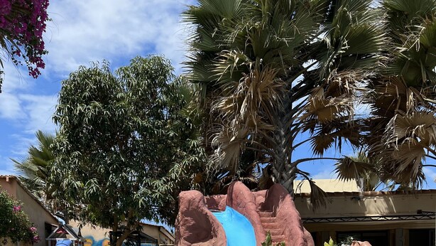 A pool with a slide, a frog float, and a mural. - Chez Lilie Maison d'hôtes à Saly (Mbour)
