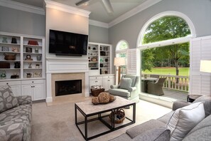 Smart TV, fireplace, books