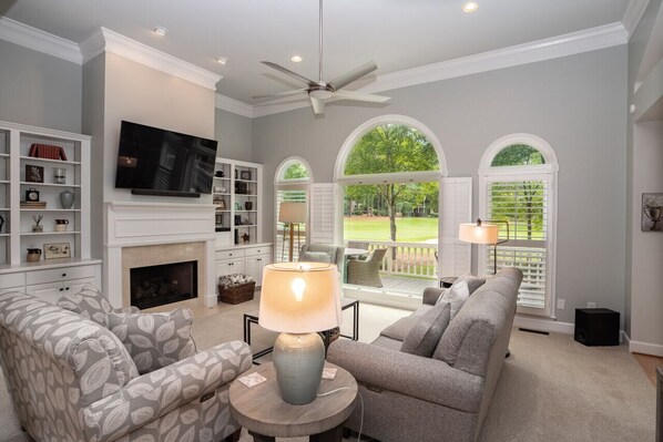 Smart TV, fireplace, books