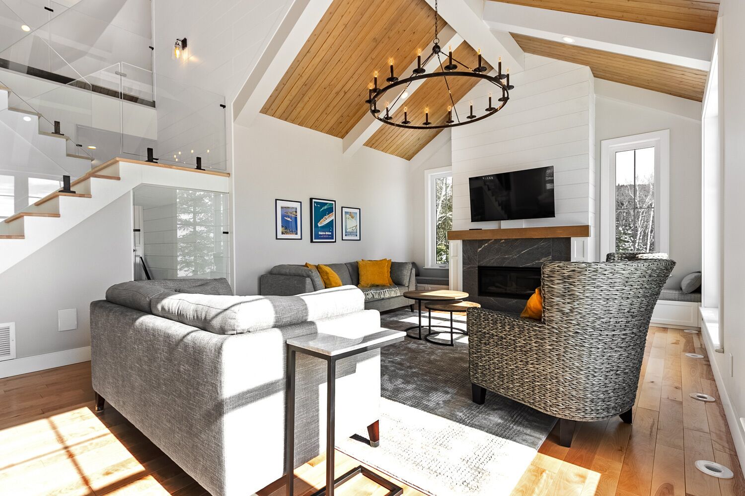 Smart TV, fireplace, books