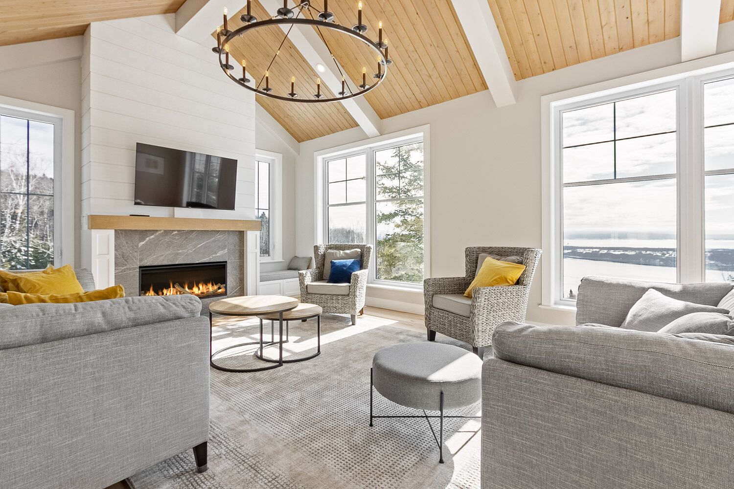 Smart TV, lareira, livros