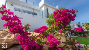 Un edifici modern amb façana blanca i grans finestres, envoltat de colorides plantes de buganvília rosa.