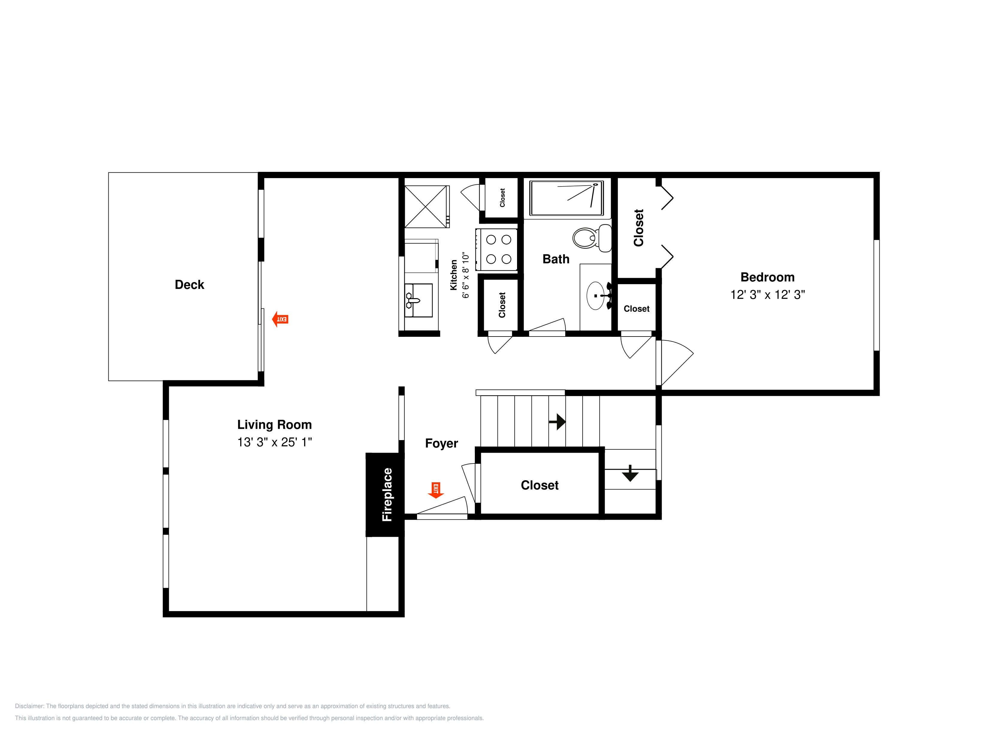 Een plattegrond met een terras, woonkamer, slaapkamer, keuken, badkamer en entrees.