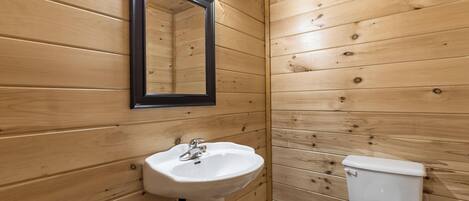 A wooden-paneled bathroom with a white sink, a mirror, and a toilet.