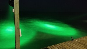 Un muelle de madera que se adentra en una masa de agua, con una luz verde reflejada en la superficie.