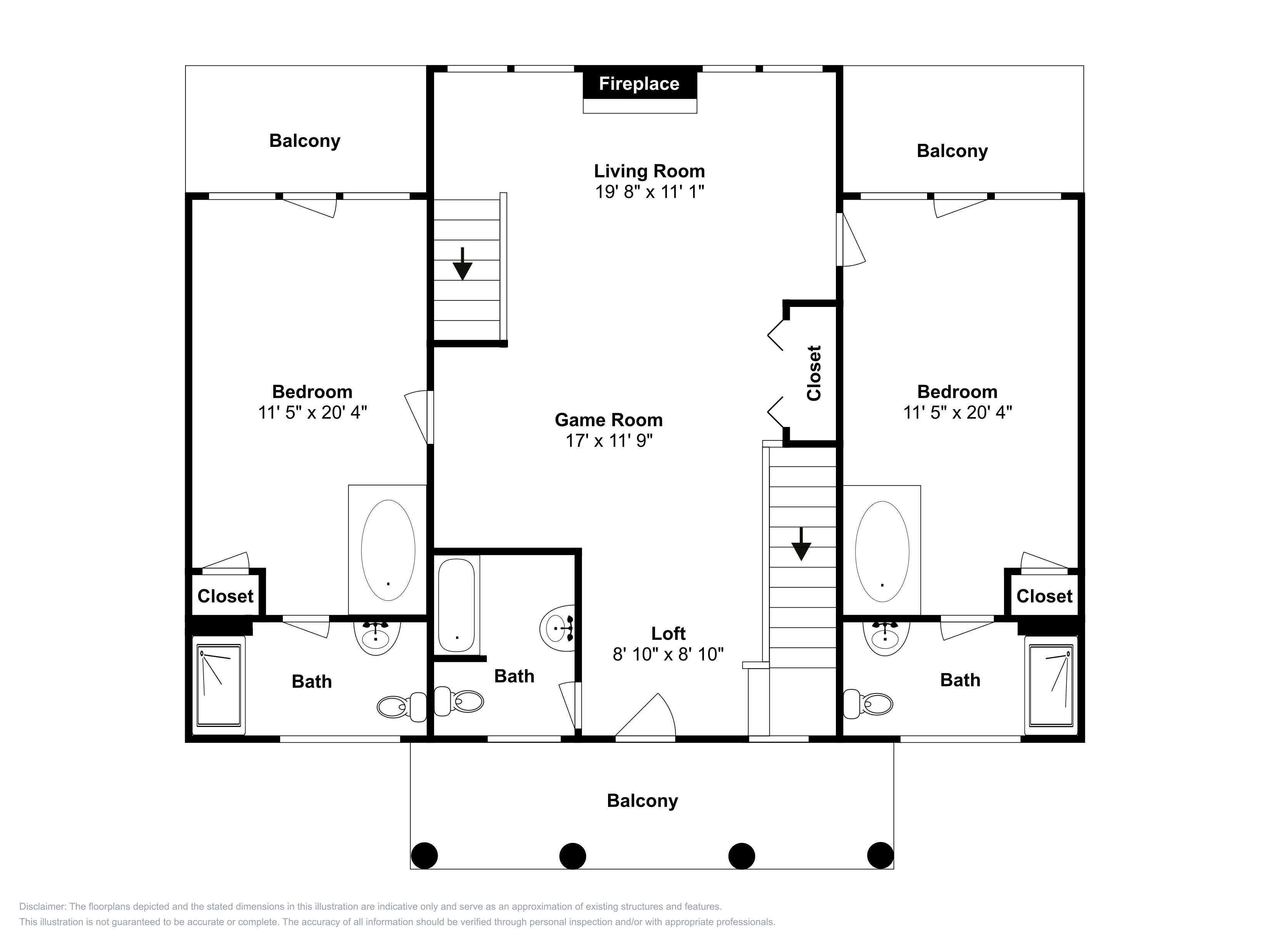 A floor plan of a house with a living room, two bedrooms, a game room, a bathroom, and a balcony.