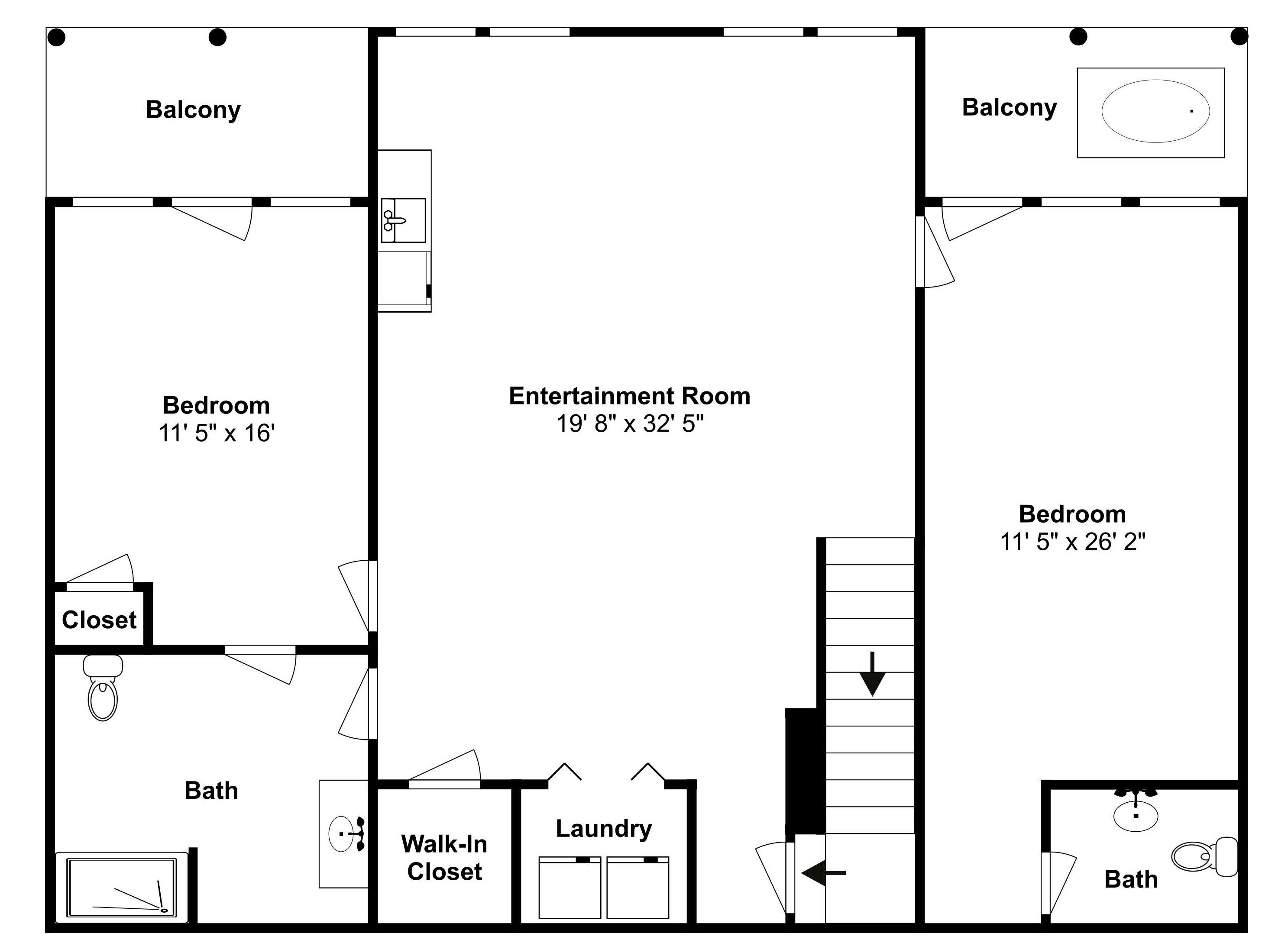 A floor plan with a bedroom, entertainment room, balcony, walk-in closet, laundry, and two bathrooms.