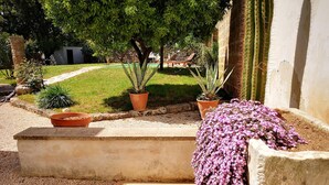 A garden area with a concrete bench, potted plants, and a pathway leading to a building. - Leu075 in Castrignano del Capo (Castrignano del Capo)