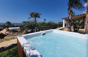 A swimming pool with a view of the sea and palm trees.