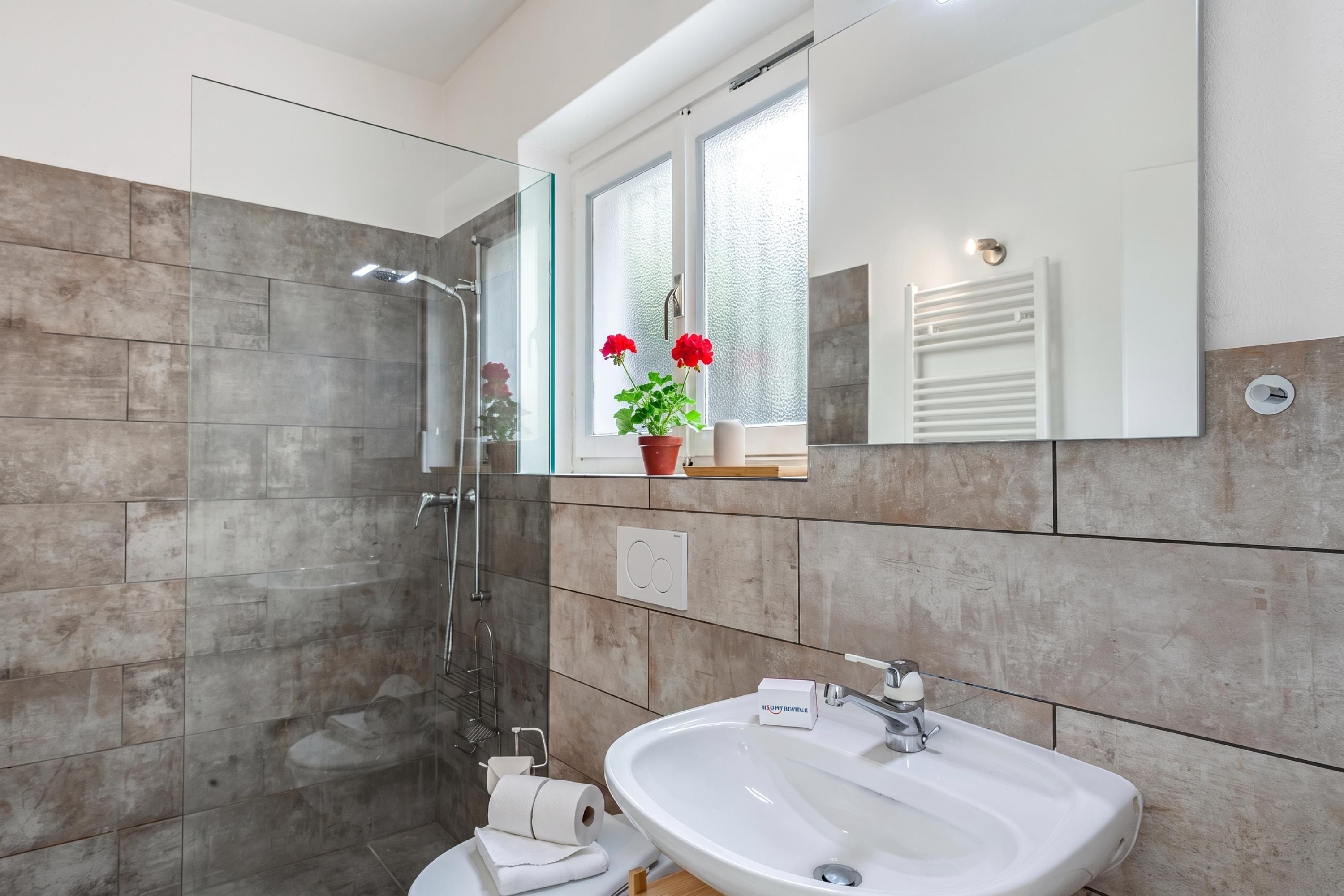 A modern bathroom with a glass shower enclosure, a white sink, and a window with a view of the outside.