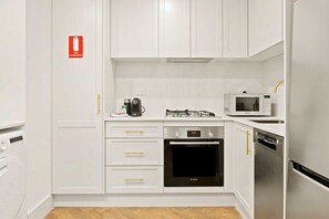 Fridge, microwave, oven, stovetop