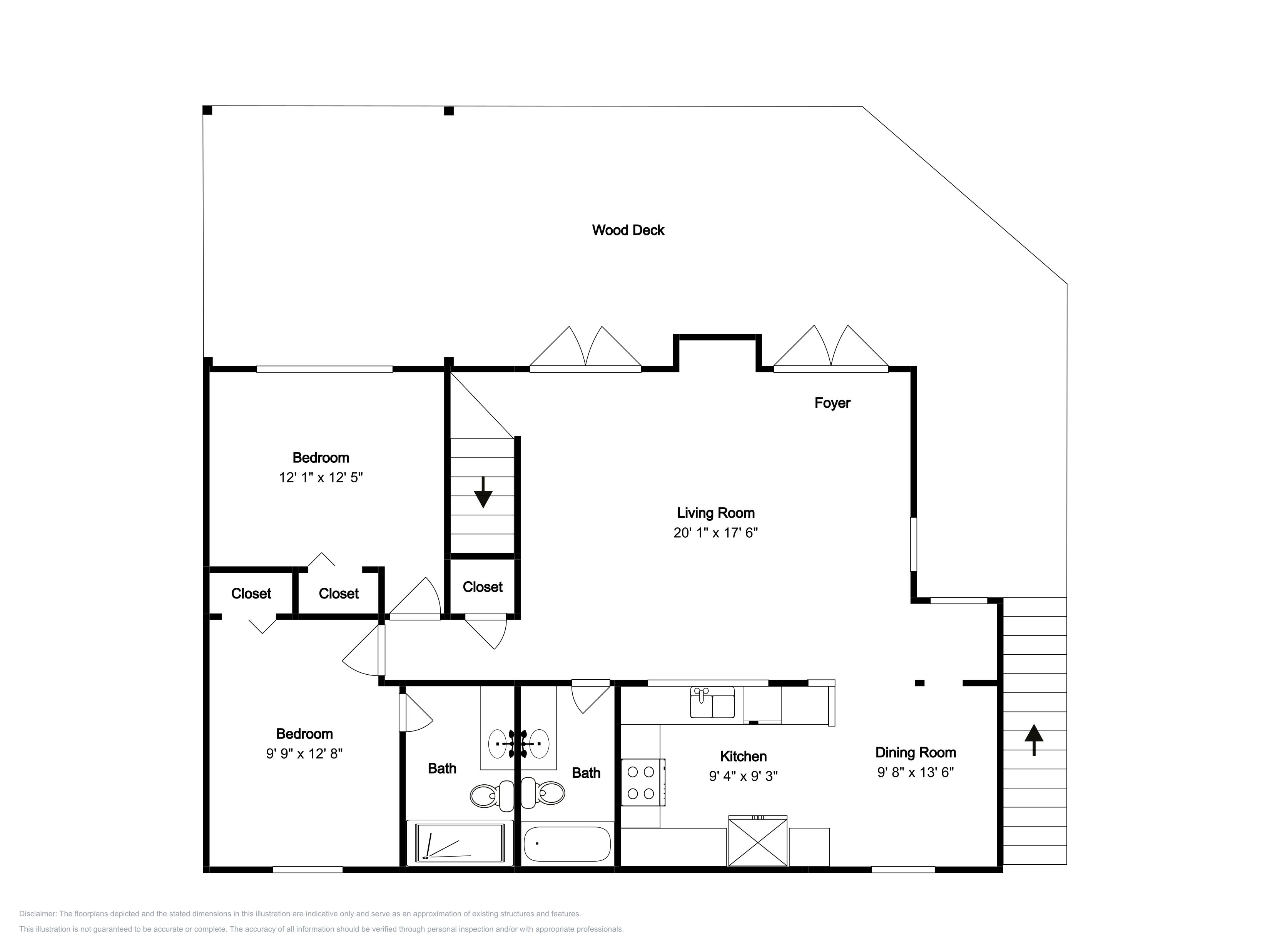 Un plan d’étage d’une maison comprenant une terrasse en bois, une chambre, un salon, un placard, une salle de bain, une cuisine et une salle à manger.