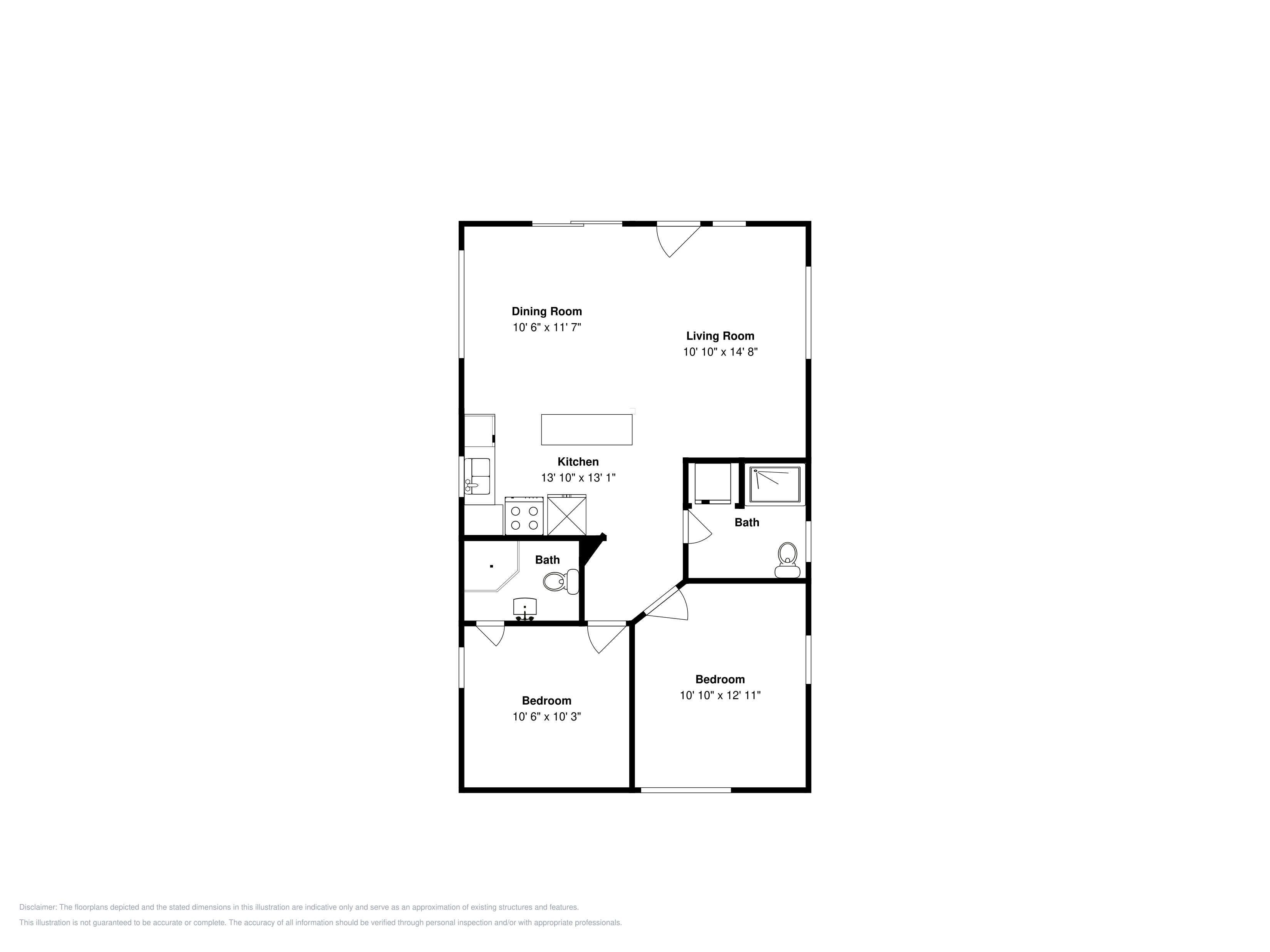 A floor plan with a dining room, kitchen, two bathrooms, and two bedrooms.