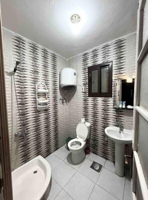 Secador de cabelo, bidê, toalhas de banho, sabonete