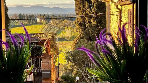 A vineyard with a stone building, a metal gate, and purple plants in the foreground. - Welcome "Casa San Gimi" your perfect base for exploring the wonders of Tuscany!  (San Gimignano)