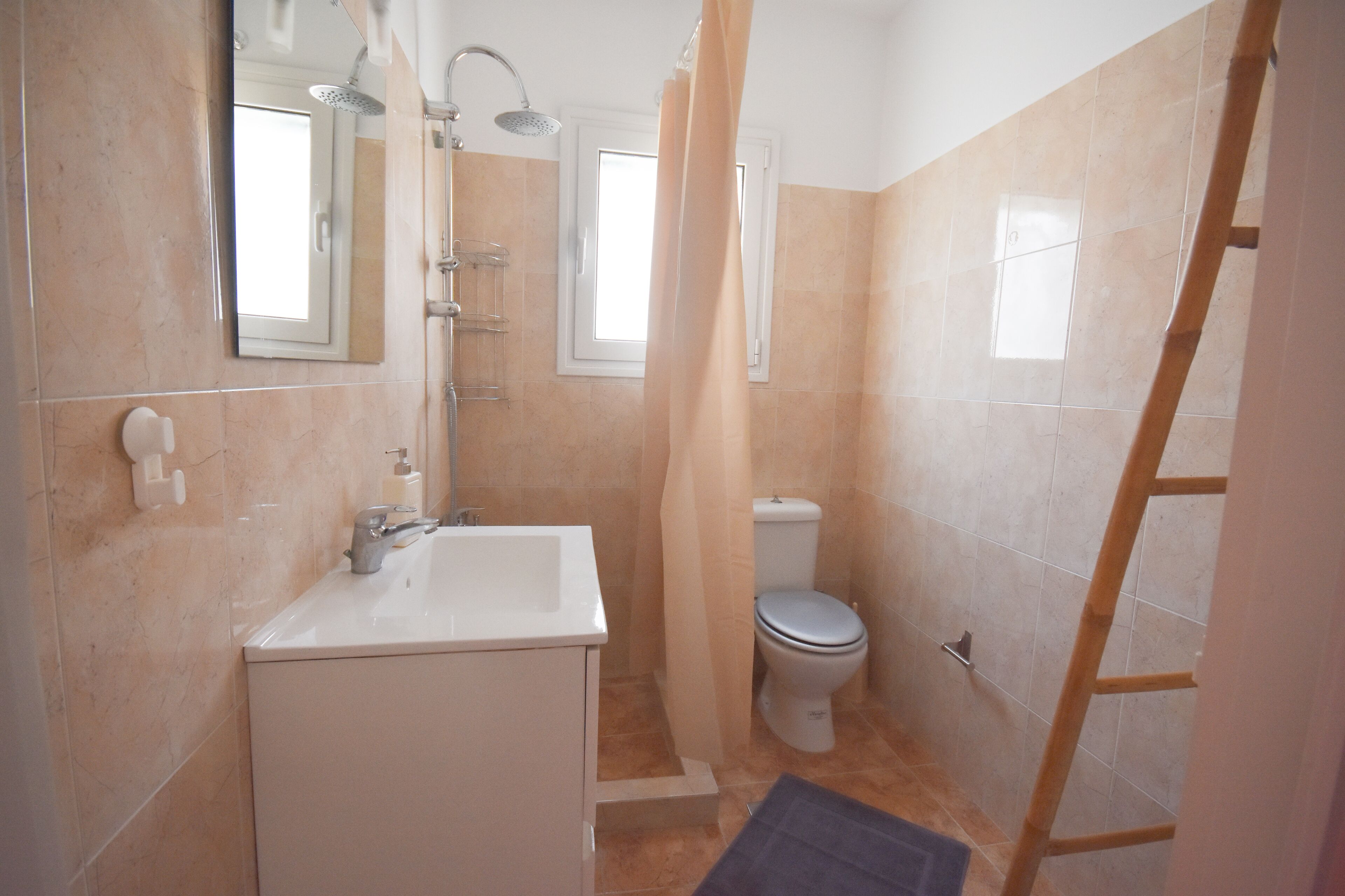 Une salle de bain équipée d’un lavabo, de toilettes, d’une douche et d’une échelle.