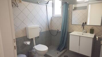 A bathroom with a toilet, shower, and sink.