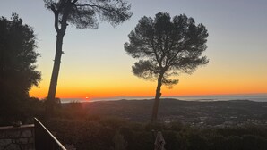 Une vue sur le coucher de soleil depuis un balcon donnant sur un paysage urbain, avec deux arbres imposants encadrant la scène.