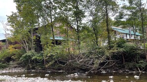 A riverbank with rocks and trees, a wooden structure, and a building with a green roof.