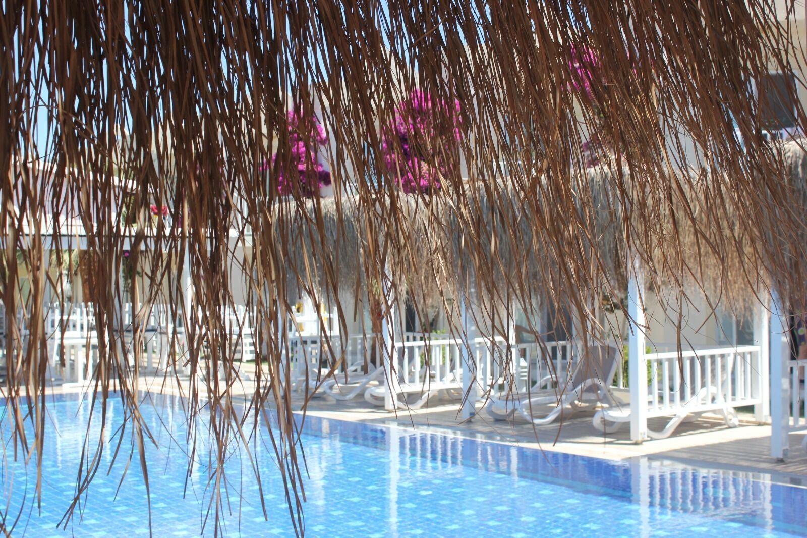 Una piscina al aire libre de temporada, sombrillas, tumbonas