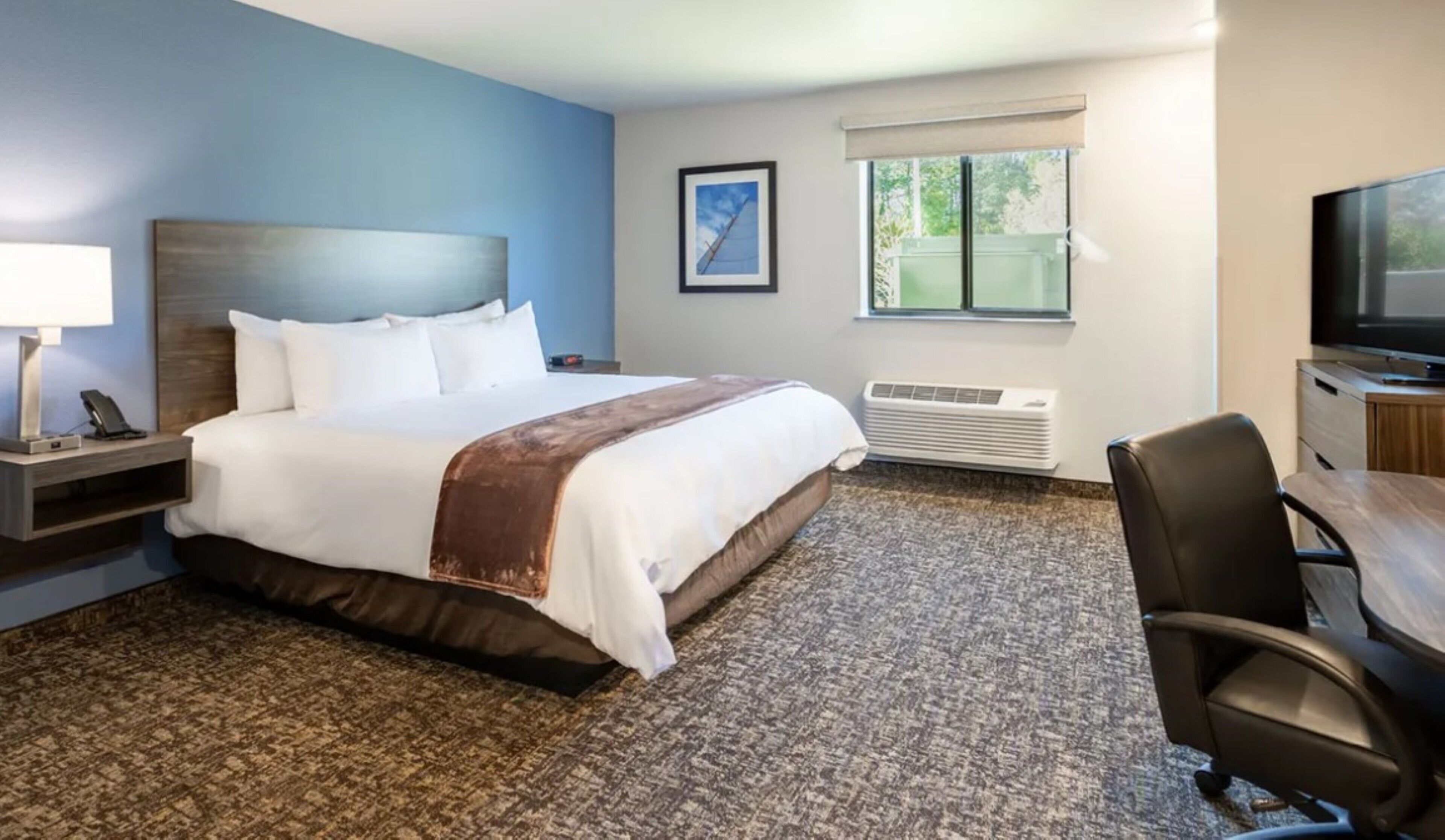 A hotel room with a bed, a desk, a chair, a TV, a window, and a picture on the wall.