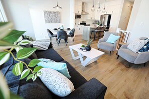 Smart TV, fireplace, books