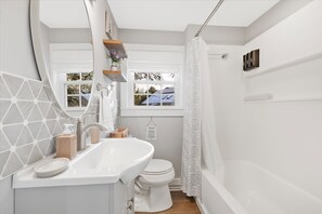 Bathtub, hair dryer, towels, soap
