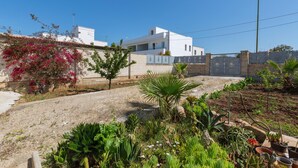 Une maison moderne, blanche, avec un jardin à l’avant, comprenant diverses plantes et un petit palmier.
