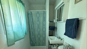 A small bathroom with a toilet, sink, and shower. - Quiet Cottage in the heart of Burr Oak State Park. (Glouster)