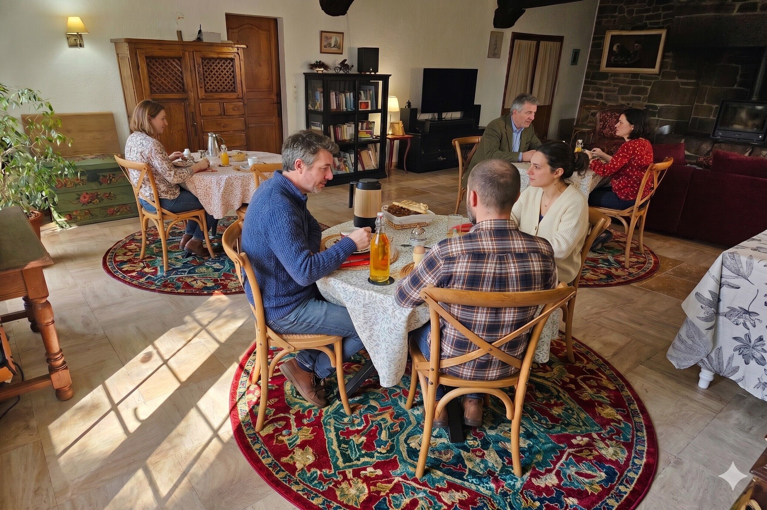 A cozy dining area with round tables, wooden chairs, and patterned rugs.