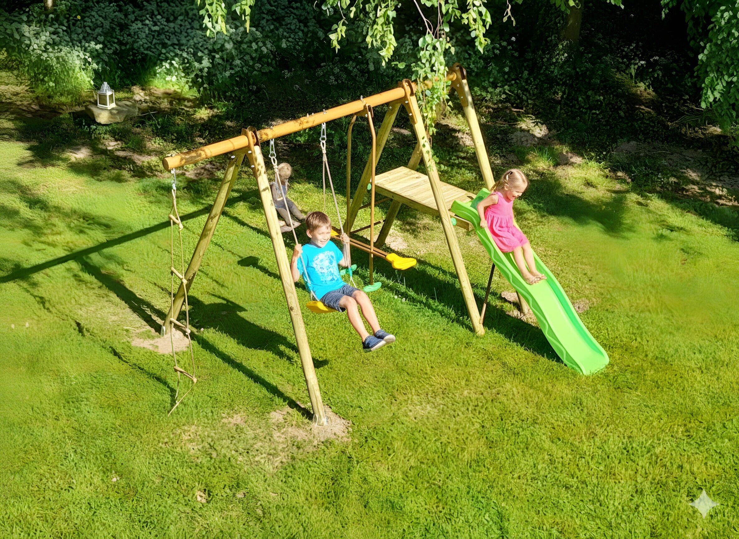 Een houten schommel met een groene glijbaan in een gazon.
