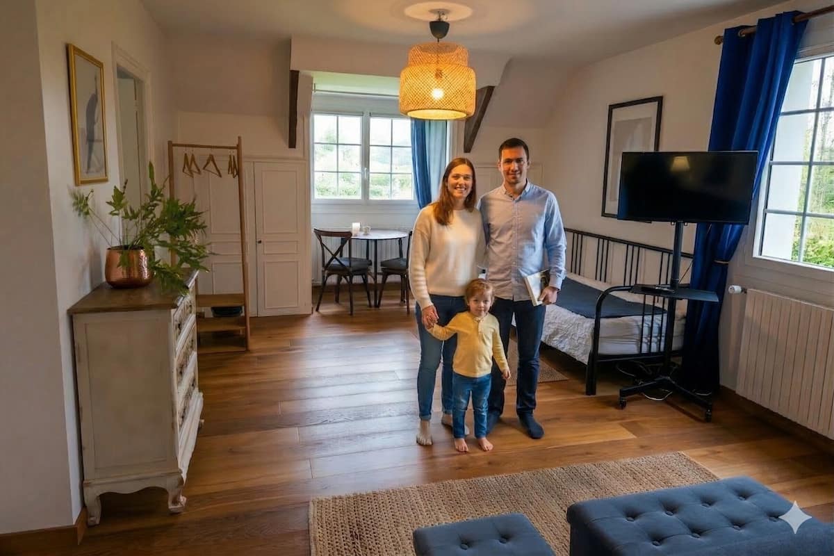 A family in a well-lit room with a TV, a dining area, and a bed.