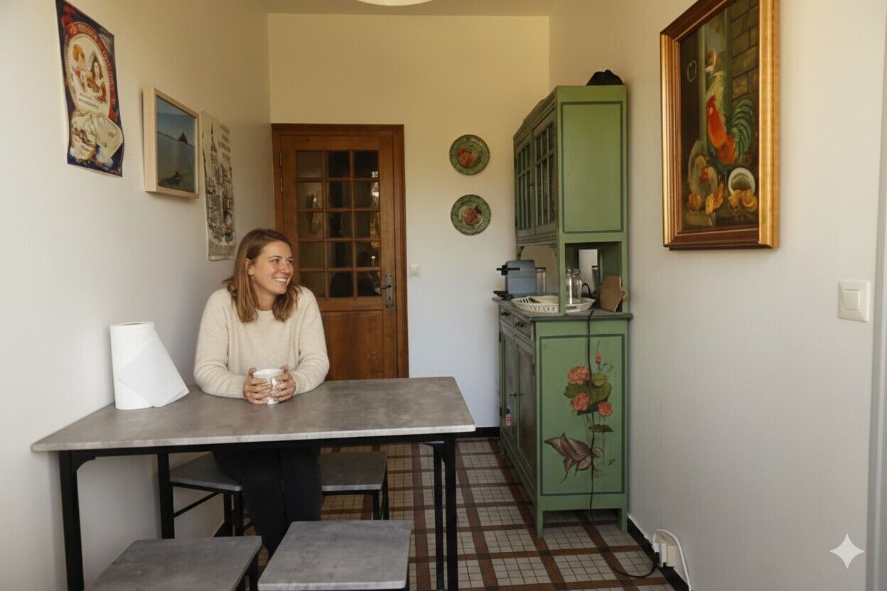 A person seated at a table with a cup, a green cabinet with floral designs, and a door with glass panels.