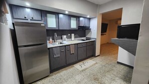 Fridge, microwave, stovetop, coffee grinder