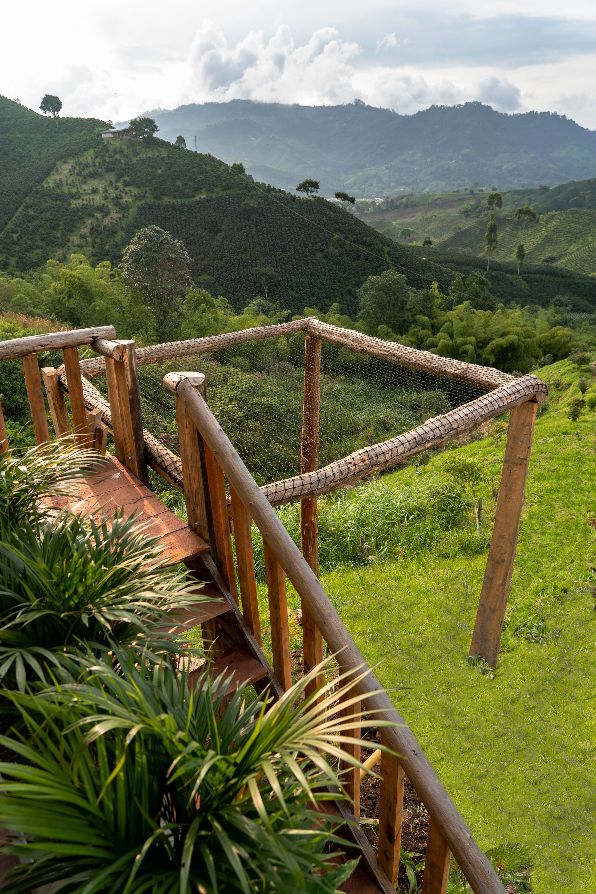 A wooden bridge with a netted railing, leading to a lush green landscape with hills in the background.