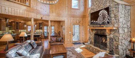 Smart TV, fireplace, video games, DVD player