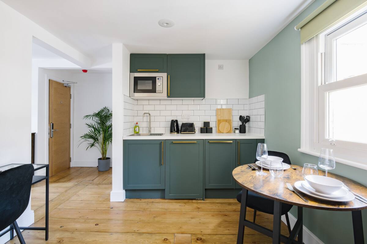Mini-fridge, microwave, dishwasher, electric kettle